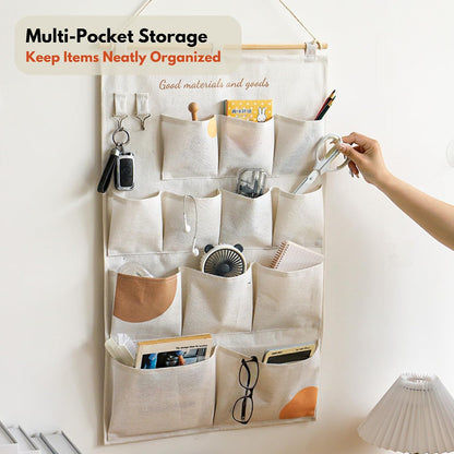 Wall Hanging Organizer with Pockets, Over Door Storage Organizer with Wooden Rod, Multi Pocket Fabric Wall Organizer for Bedroom Bathroom Closet Door, Space Saving Hanging Storage Bag (12)