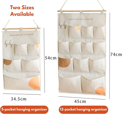 Wall Hanging Organizer with Pockets, Over Door Storage Organizer with Wooden Rod, Multi Pocket Fabric Wall Organizer for Bedroom Bathroom Closet Door, Space Saving Hanging Storage Bag (12)