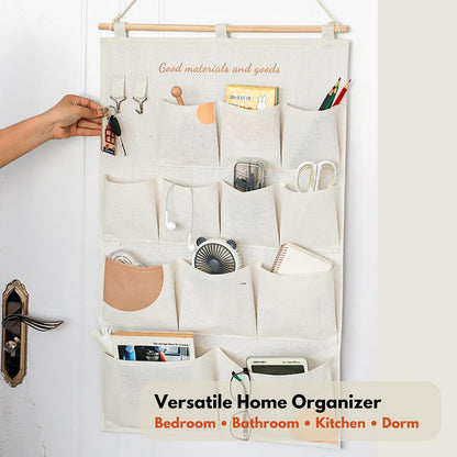 Wall Hanging Organizer with Pockets, Over Door Storage Organizer with Wooden Rod, Multi Pocket Fabric Wall Organizer for Bedroom Bathroom Closet Door, Space Saving Hanging Storage Bag (12)