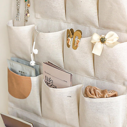 Wall Hanging Organizer with Pockets, Over Door Storage Organizer with Wooden Rod, Multi Pocket Fabric Wall Organizer for Bedroom Bathroom Closet Door, Space Saving Hanging Storage Bag (12)