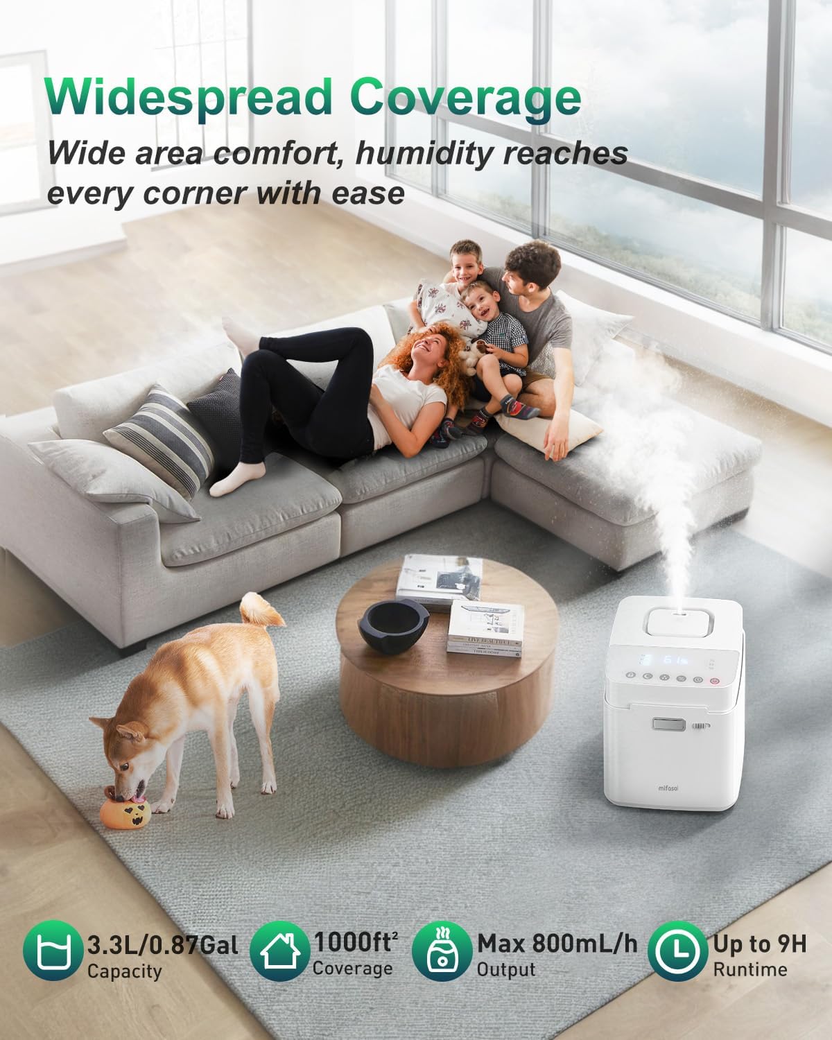 Mifasol Stainless Steel Humidifier, 3.3L Warm Mist Humidifiers for Bedroom, Easy Clean Steam Humidifiers for Home, Dishwasher Safe Humidifier Large Room, White