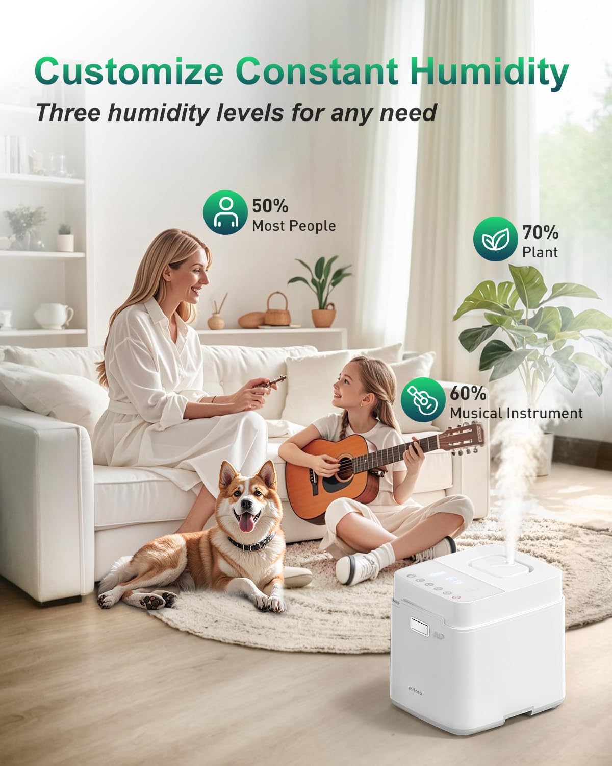 Mifasol Stainless Steel Humidifier, 3.3L Warm Mist Humidifiers for Bedroom, Easy Clean Steam Humidifiers for Home, Dishwasher Safe Humidifier Large Room, White