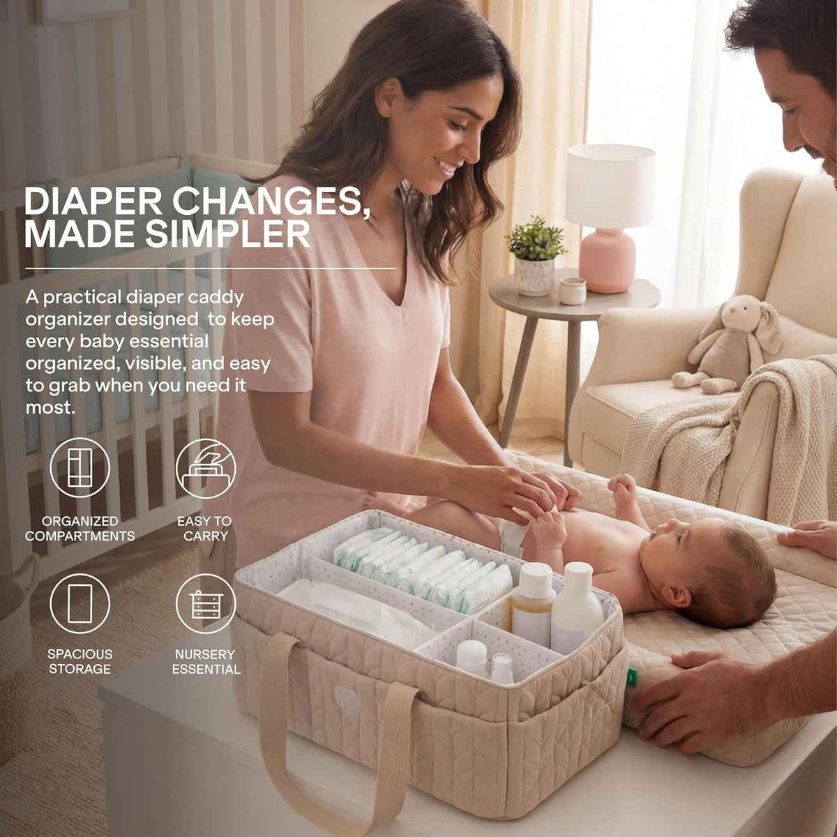Baby Diaper Caddy Organizer - Large Portable Nursery Storage Baby Basket with Handles for Newborn Essentials, Diapers, Wipes - Changing Table Caddy Organizer for Boy & Girl