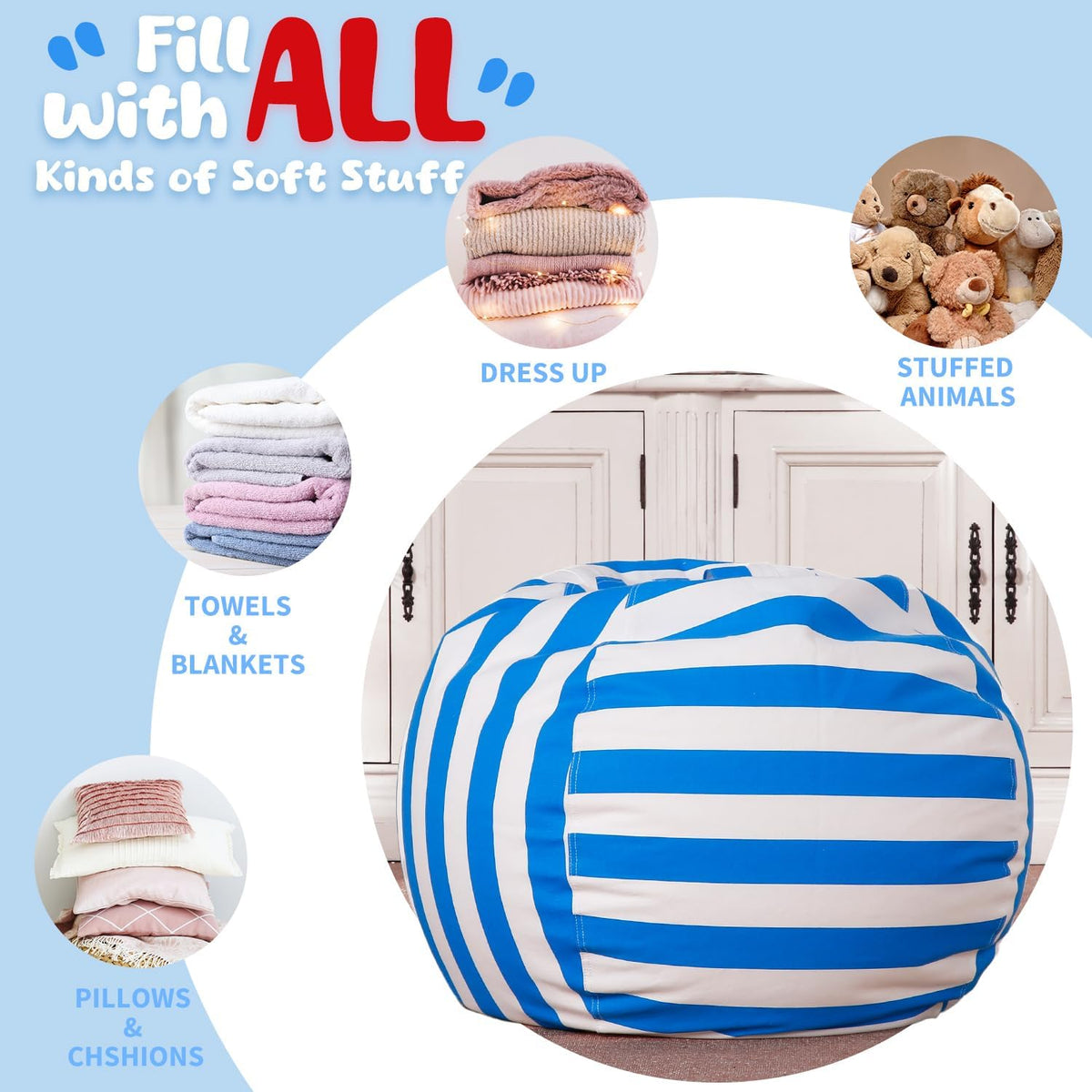 Stuffed Animal Storage Bean Bag Chair Cover for Kids