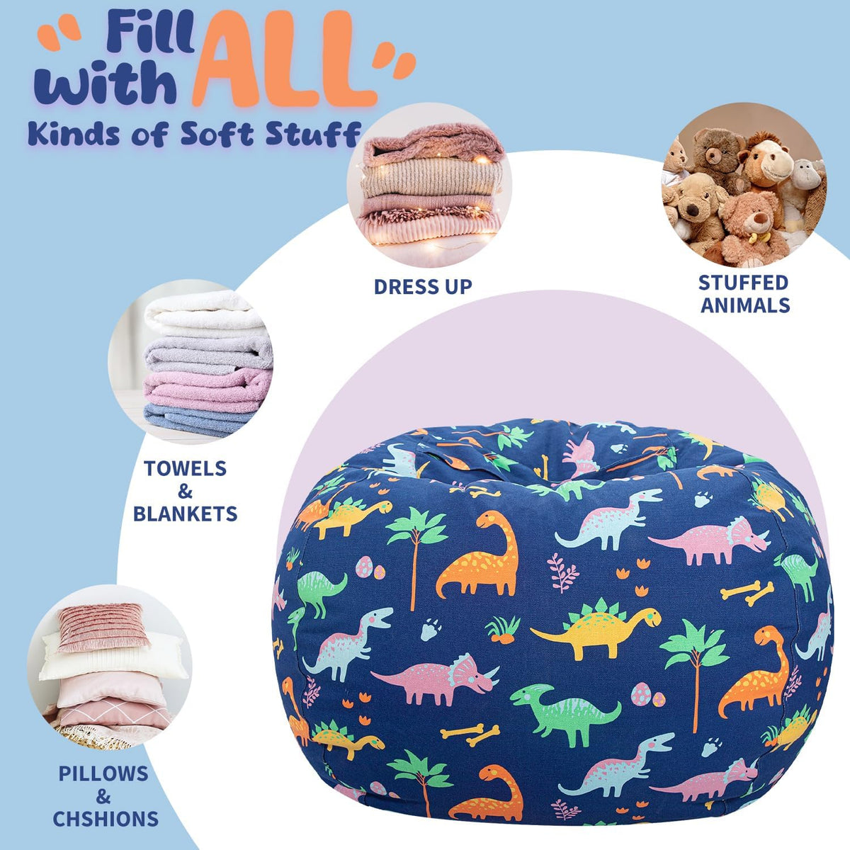 Stuffed Animal Storage Bean Bag Chair Cover for Kids