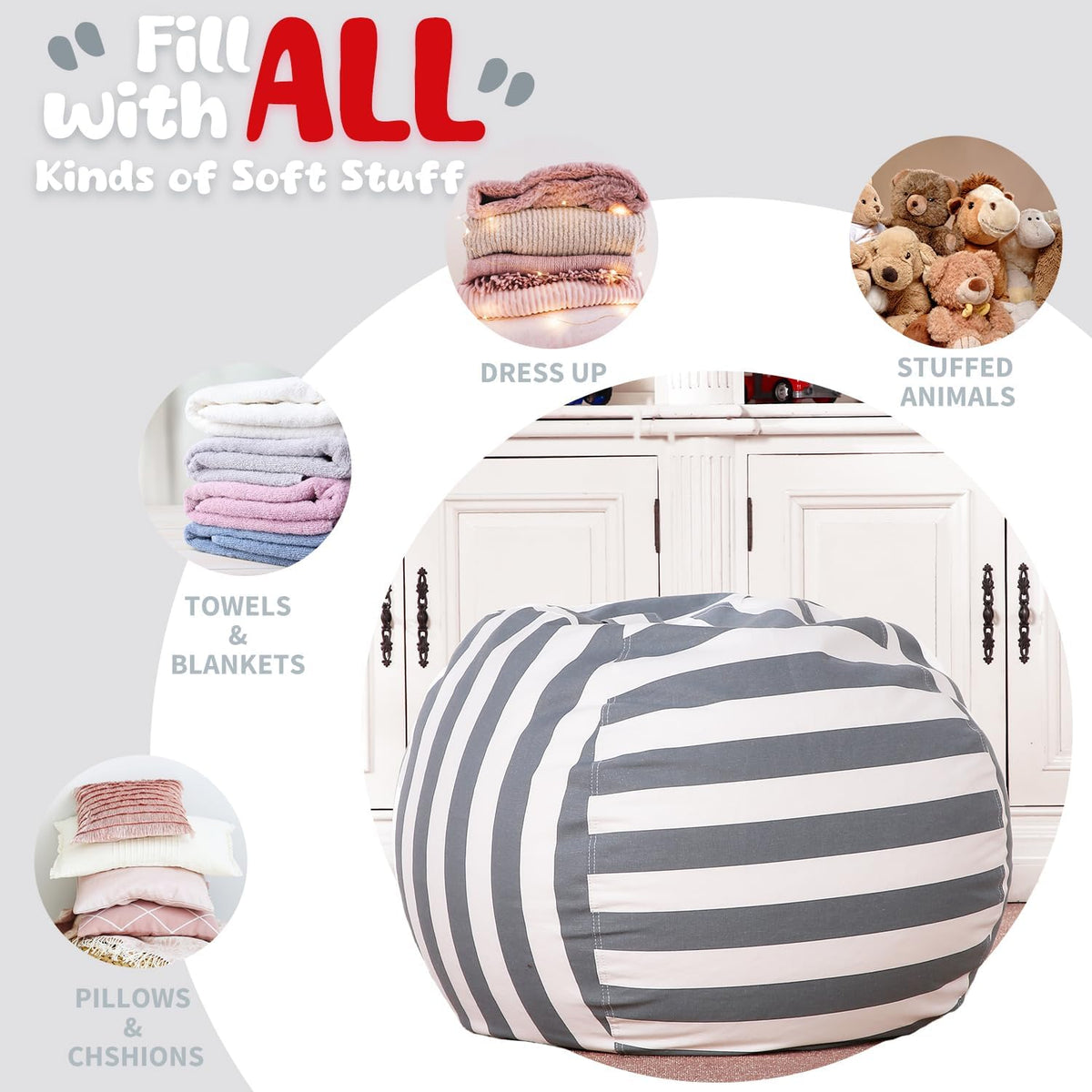 Stuffed Animal Storage Bean Bag Chair Cover for Kids