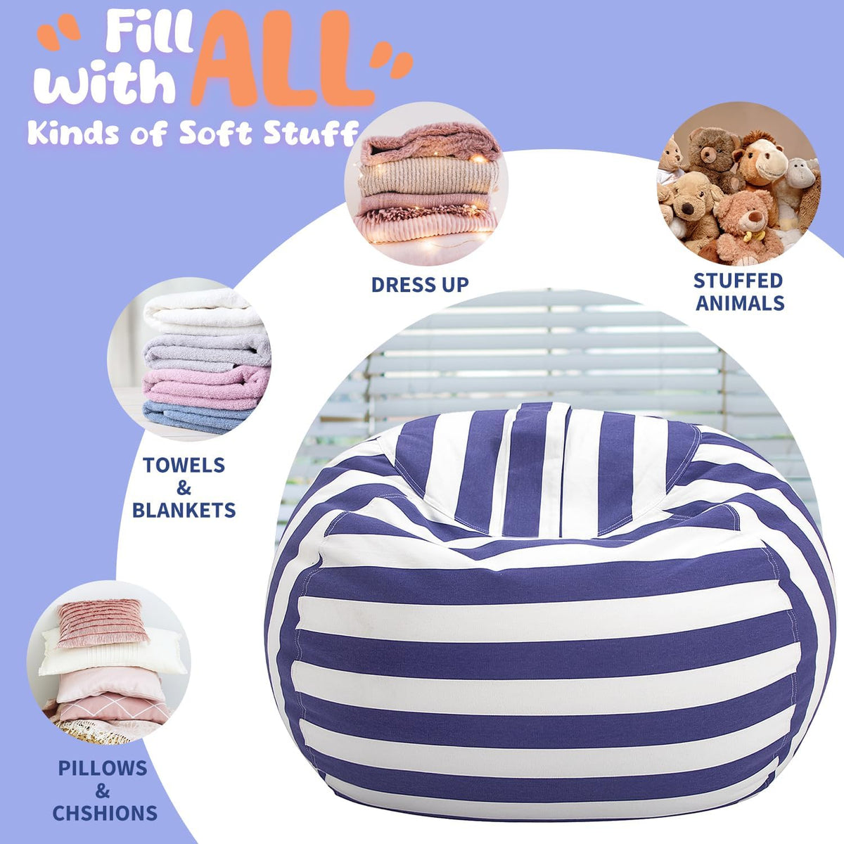 Stuffed Animal Storage Bean Bag Chair Cover for Kids