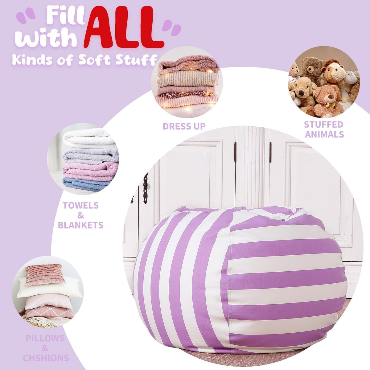 Stuffed Animal Storage Bean Bag Chair Cover for Kids