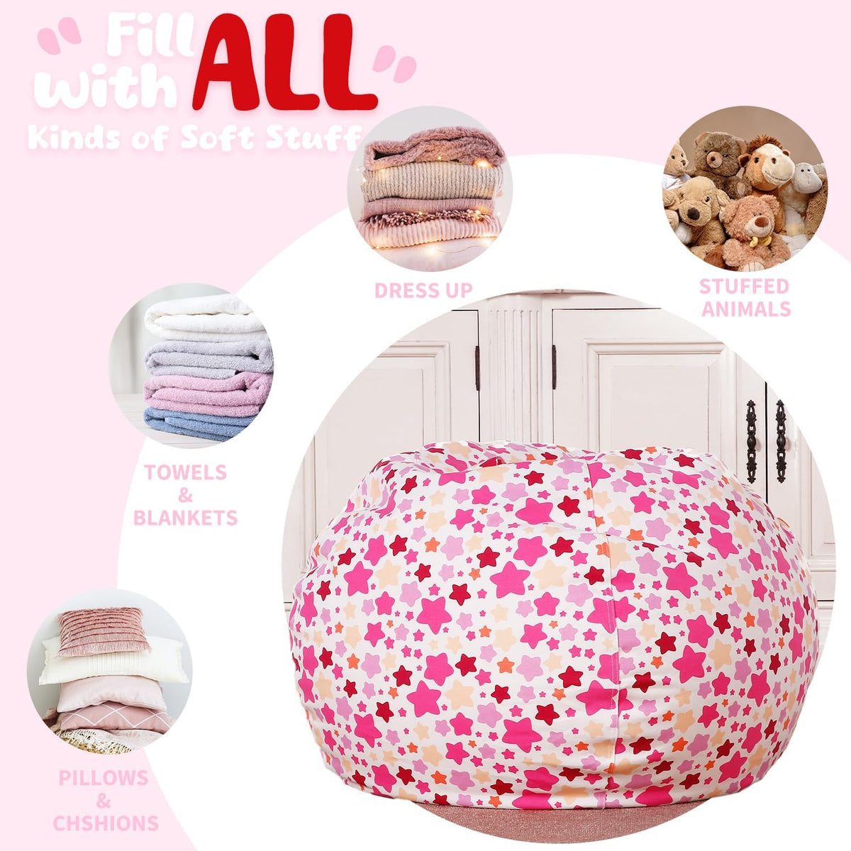 Stuffed Animal Storage Bean Bag Chair Cover for Kids
