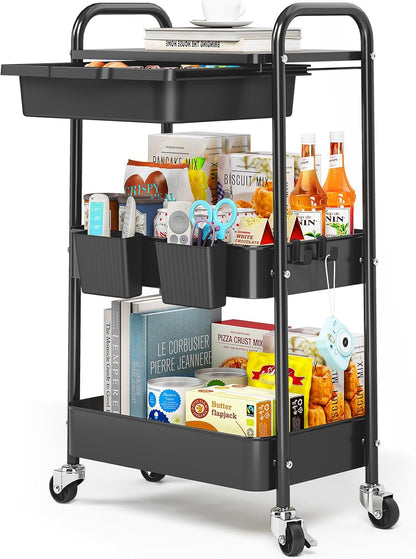 3 Tier Metal Rolling Cart with Drawer, Purple Utility Storage Cart