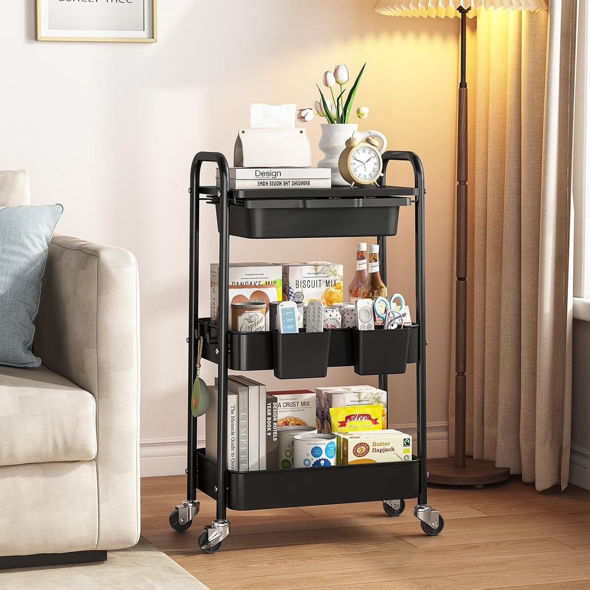 3 Tier Metal Rolling Cart with Drawer, Purple Utility Storage Cart