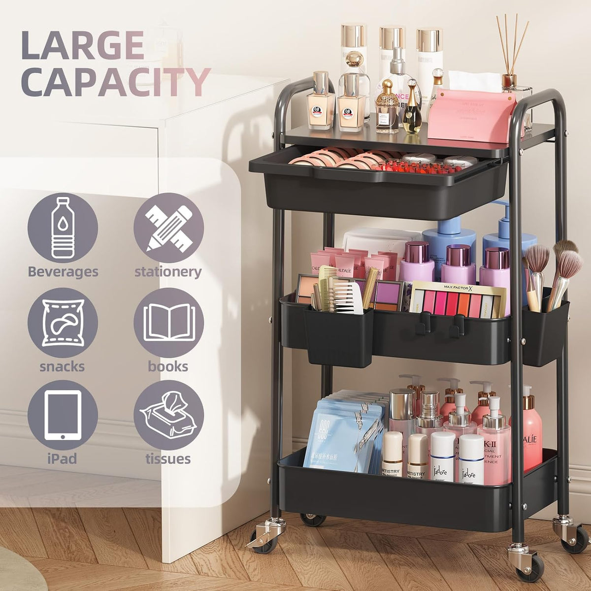 3 Tier Metal Rolling Cart with Drawer, Purple Utility Storage Cart