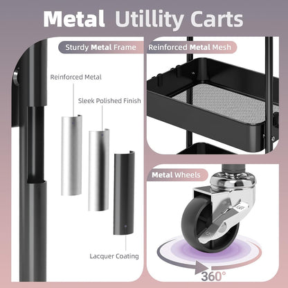 3 Tier Metal Rolling Cart with Drawer, Purple Utility Storage Cart