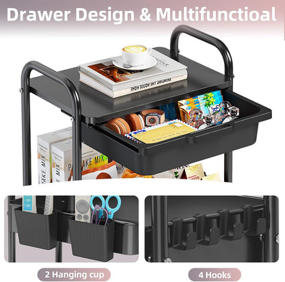3 Tier Metal Rolling Cart with Drawer, Purple Utility Storage Cart