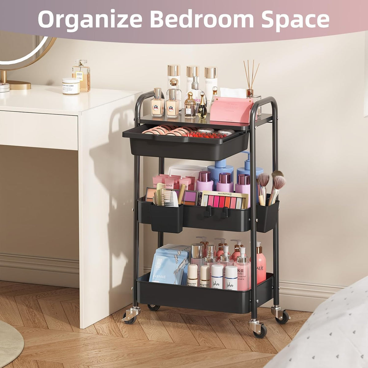 3 Tier Metal Rolling Cart with Drawer, Purple Utility Storage Cart