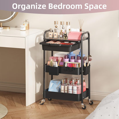 3 Tier Metal Rolling Cart with Drawer, Purple Utility Storage Cart