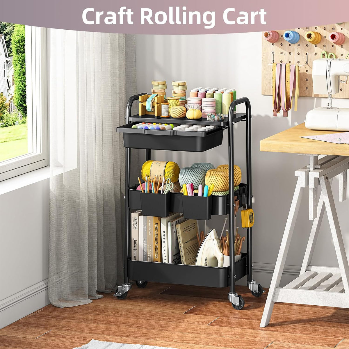 3 Tier Metal Rolling Cart with Drawer, Purple Utility Storage Cart