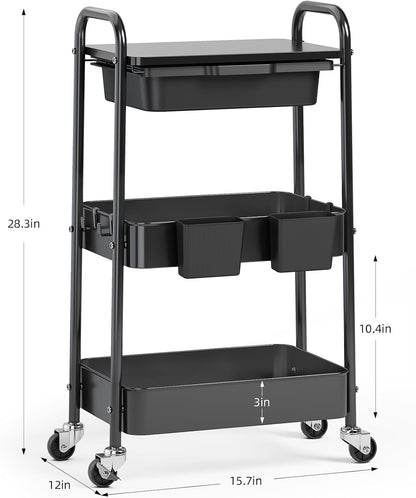 3 Tier Metal Rolling Cart with Drawer, Purple Utility Storage Cart