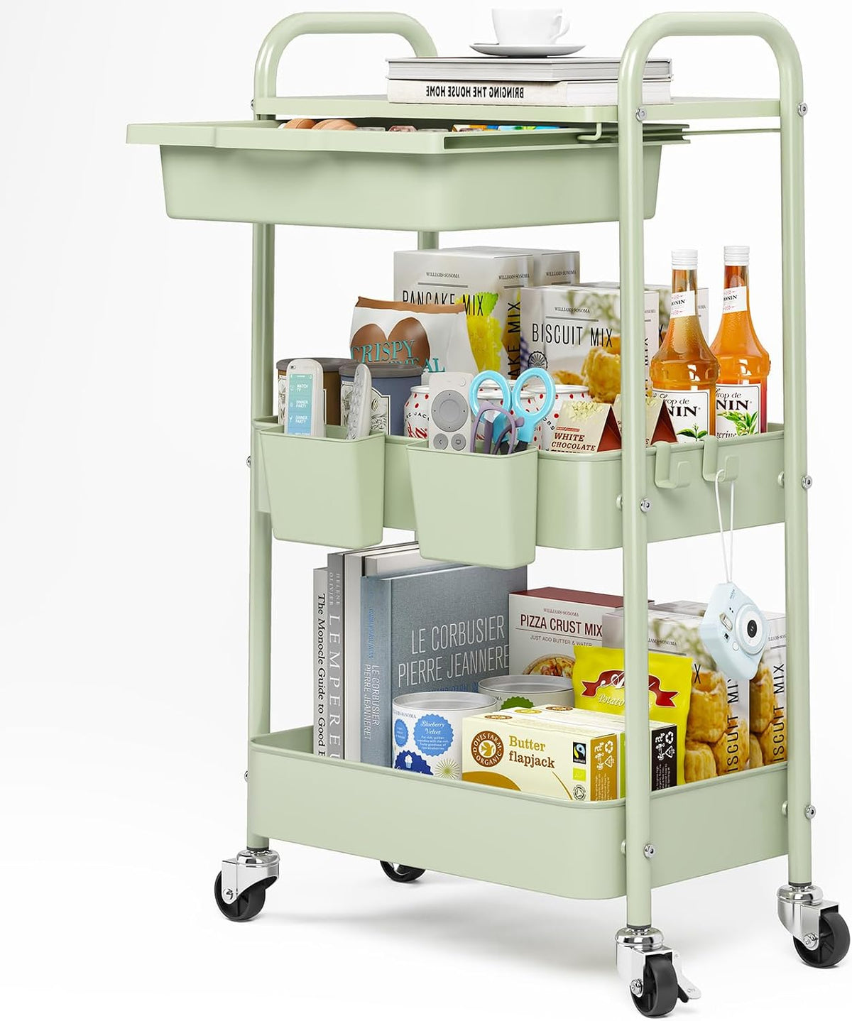 3 Tier Metal Rolling Cart with Drawer, Purple Utility Storage Cart