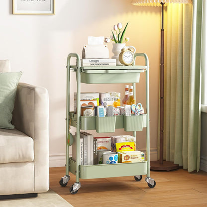 3 Tier Metal Rolling Cart with Drawer, Purple Utility Storage Cart