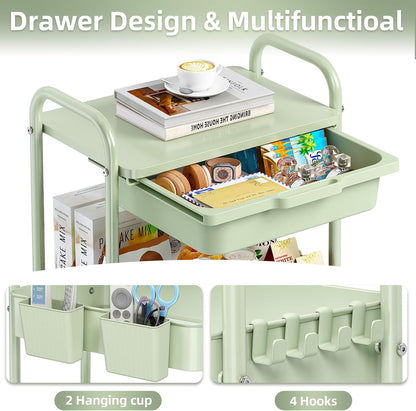 3 Tier Metal Rolling Cart with Drawer, Purple Utility Storage Cart