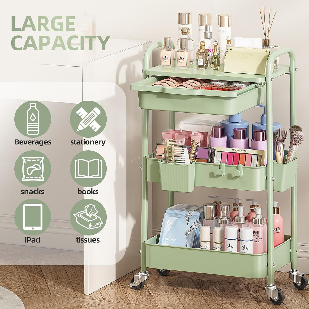 3 Tier Metal Rolling Cart with Drawer, Purple Utility Storage Cart