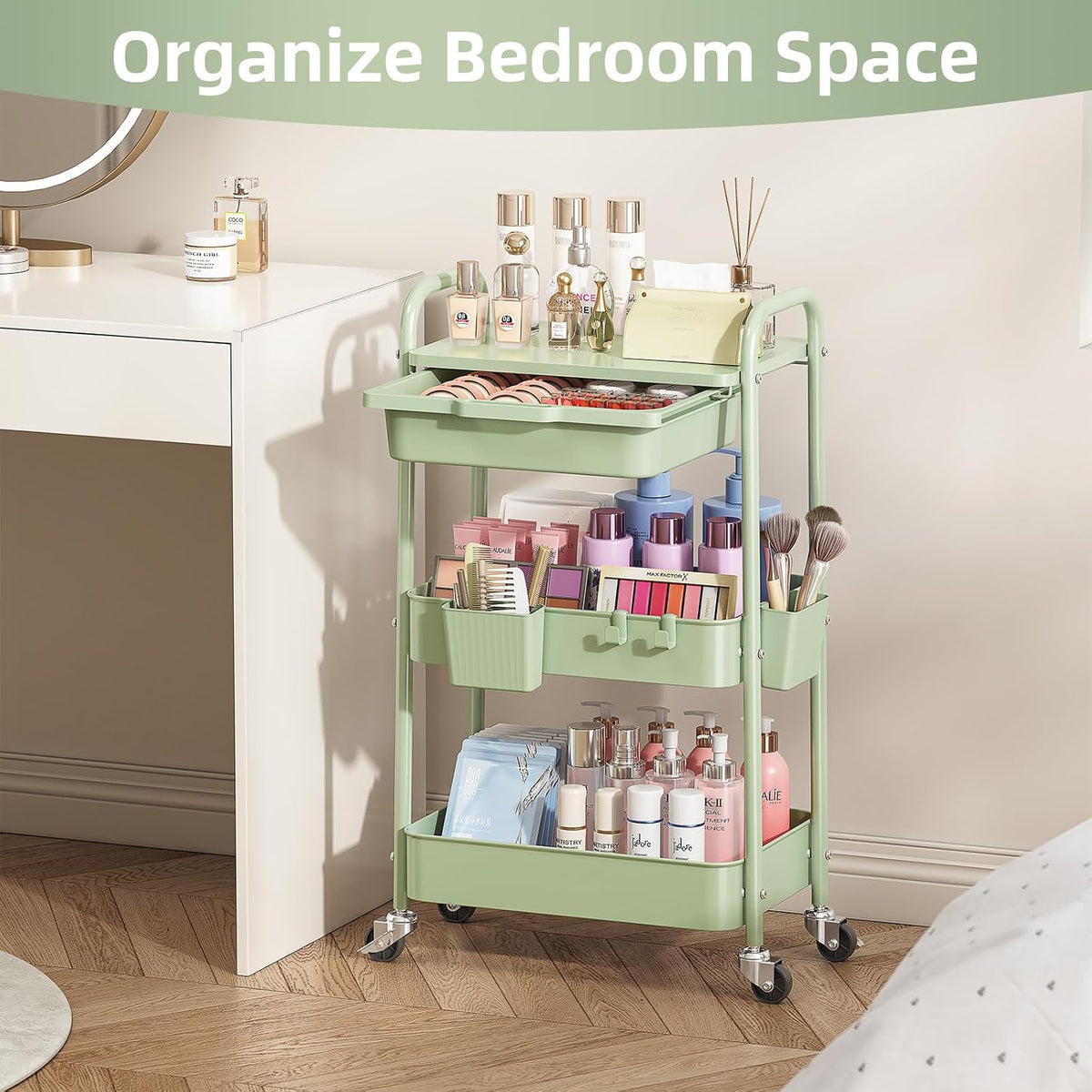3 Tier Metal Rolling Cart with Drawer, Purple Utility Storage Cart