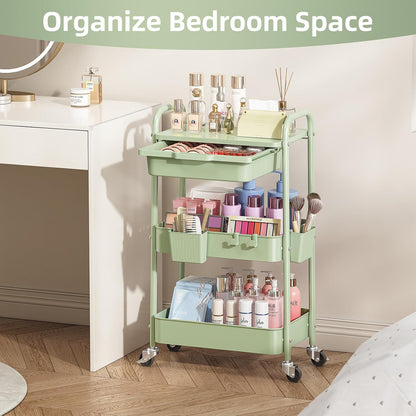 3 Tier Metal Rolling Cart with Drawer, Purple Utility Storage Cart