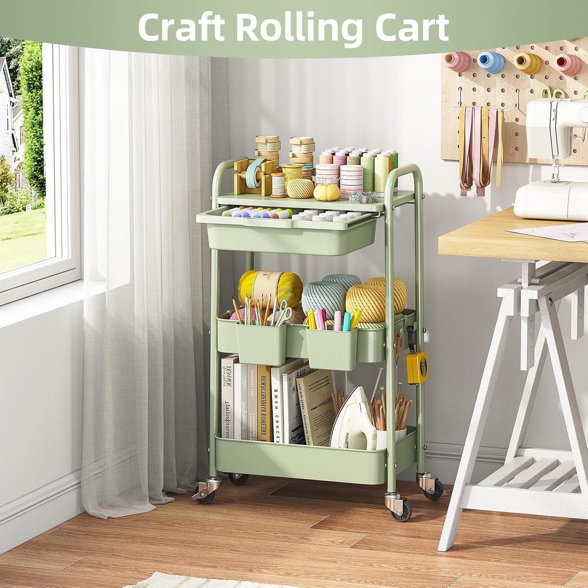 3 Tier Metal Rolling Cart with Drawer, Purple Utility Storage Cart