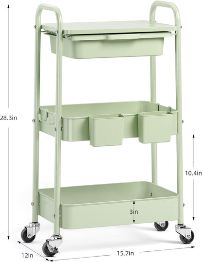 3 Tier Metal Rolling Cart with Drawer, Purple Utility Storage Cart