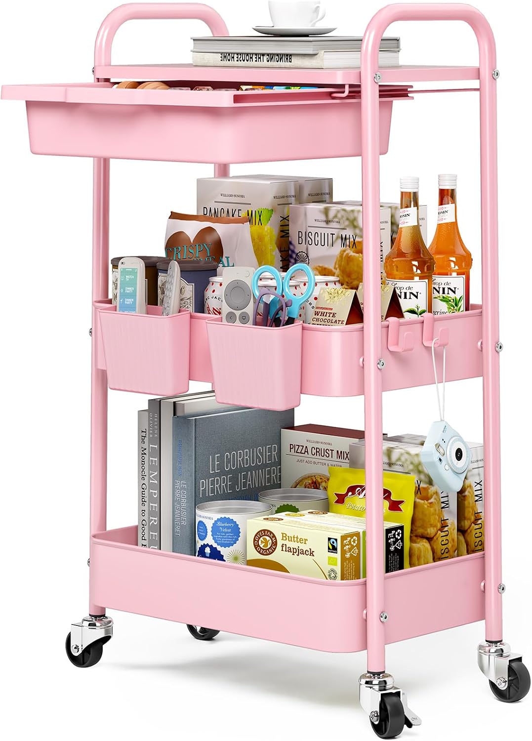 3 Tier Metal Rolling Cart with Drawer, Purple Utility Storage Cart