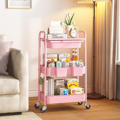 3 Tier Metal Rolling Cart with Drawer, Purple Utility Storage Cart