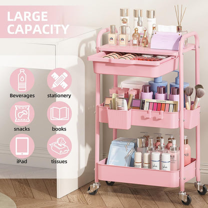3 Tier Metal Rolling Cart with Drawer, Purple Utility Storage Cart