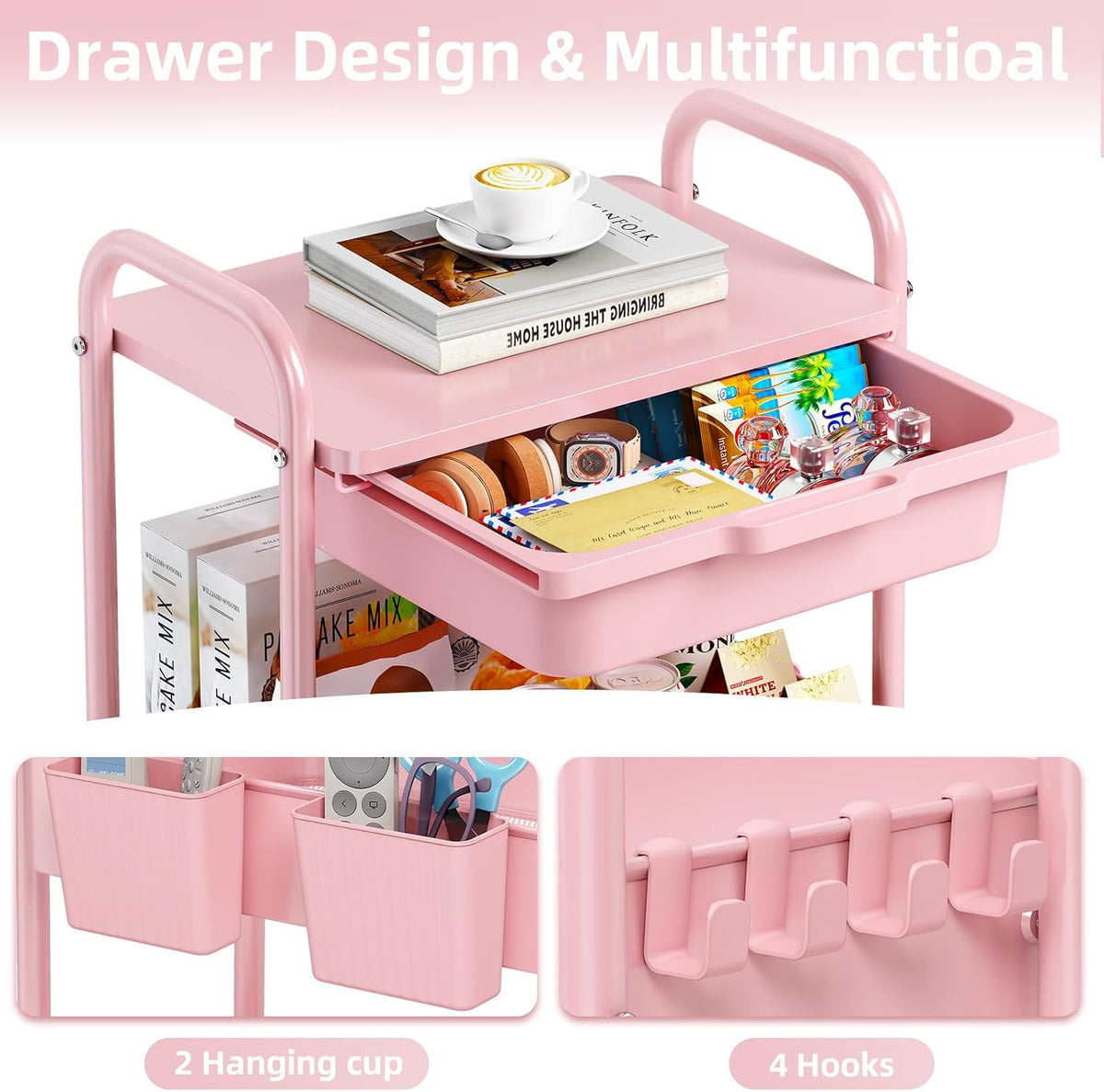 3 Tier Metal Rolling Cart with Drawer, Purple Utility Storage Cart
