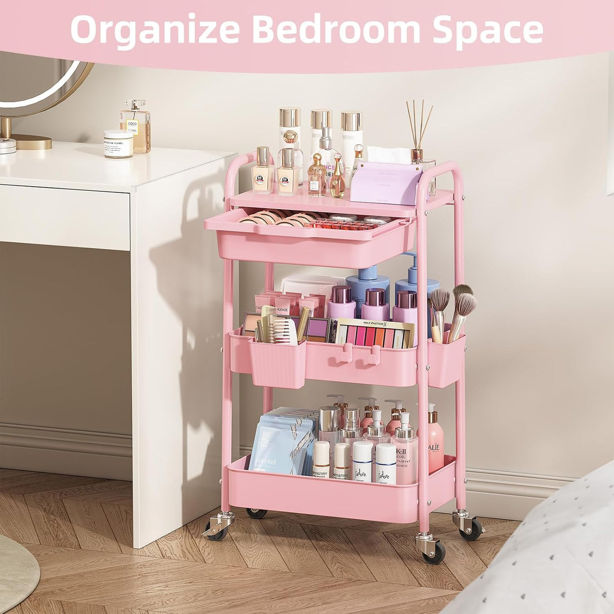 3 Tier Metal Rolling Cart with Drawer, Purple Utility Storage Cart