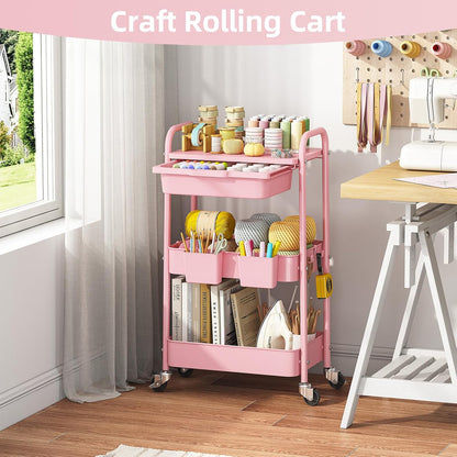 3 Tier Metal Rolling Cart with Drawer, Purple Utility Storage Cart