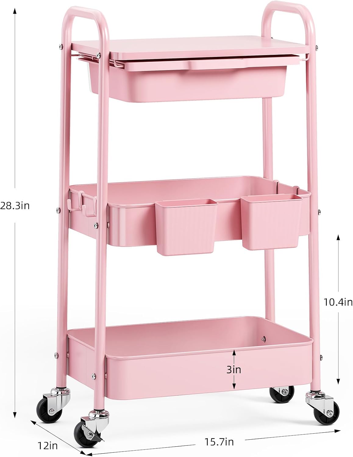 3 Tier Metal Rolling Cart with Drawer, Purple Utility Storage Cart