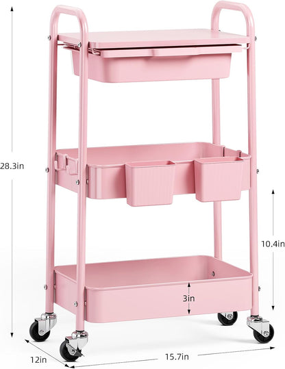 3 Tier Metal Rolling Cart with Drawer, Purple Utility Storage Cart