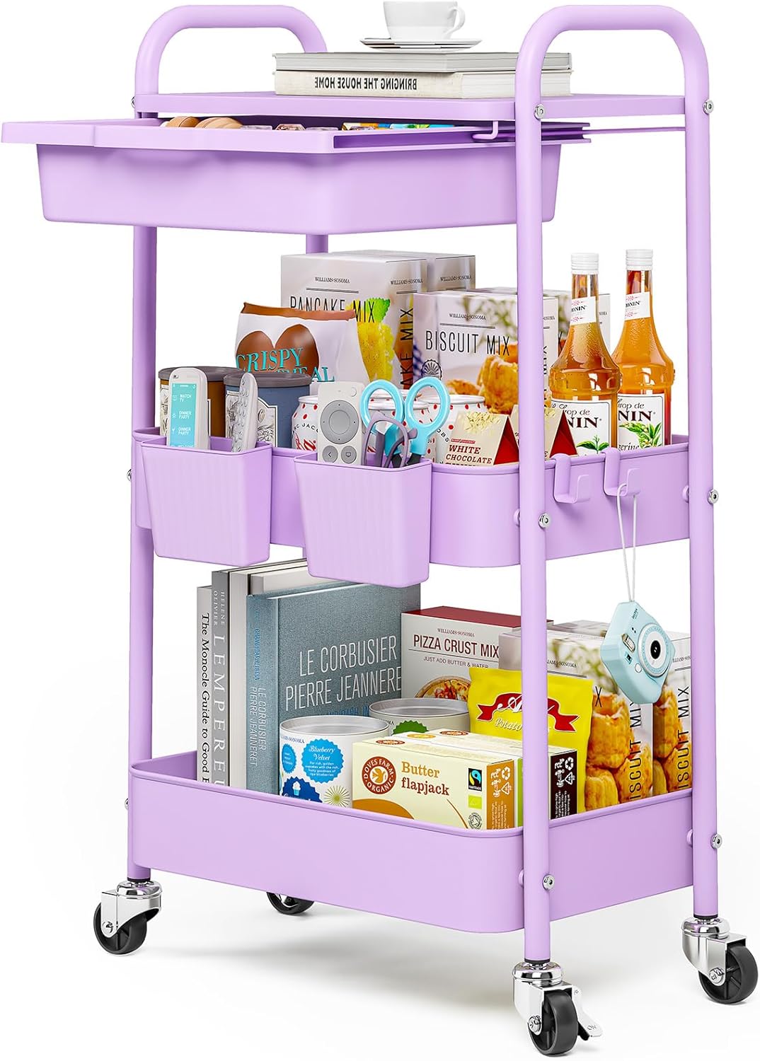 3 Tier Metal Rolling Cart with Drawer, Purple Utility Storage Cart