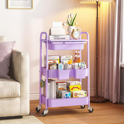 3 Tier Metal Rolling Cart with Drawer, Purple Utility Storage Cart