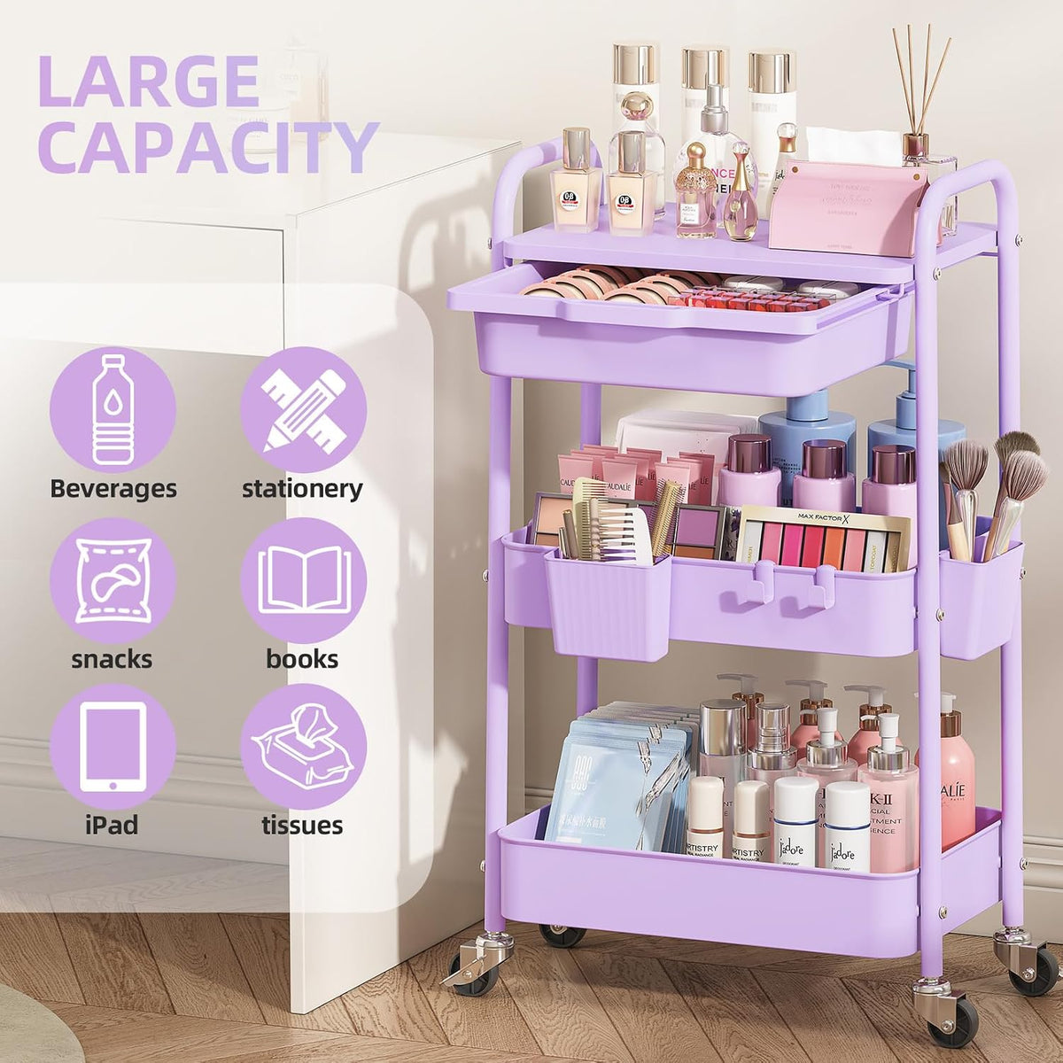 3 Tier Metal Rolling Cart with Drawer, Purple Utility Storage Cart
