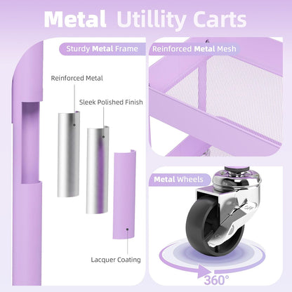 3 Tier Metal Rolling Cart with Drawer, Purple Utility Storage Cart