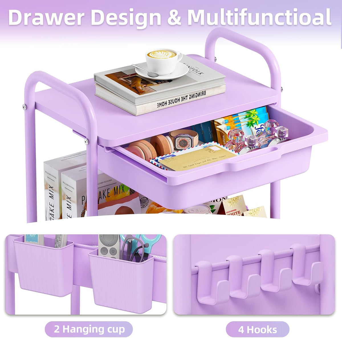 3 Tier Metal Rolling Cart with Drawer, Purple Utility Storage Cart