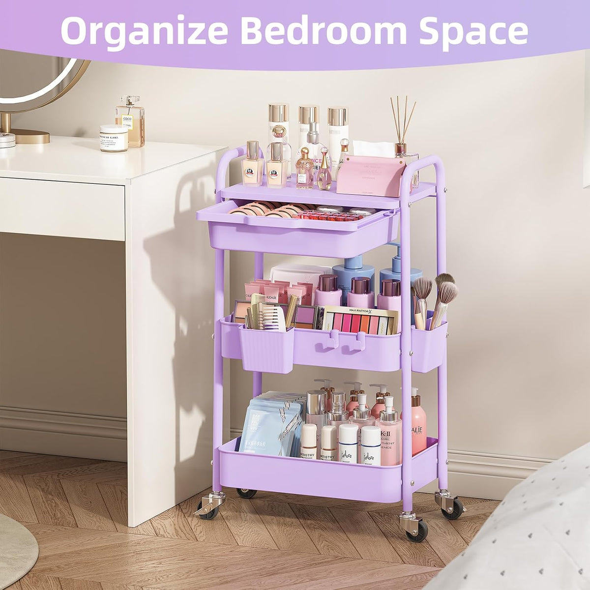 3 Tier Metal Rolling Cart with Drawer, Purple Utility Storage Cart