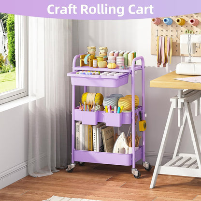 3 Tier Metal Rolling Cart with Drawer, Purple Utility Storage Cart