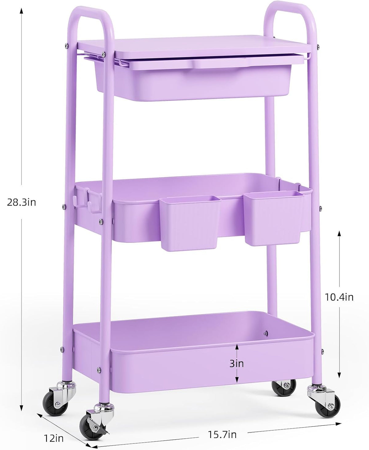3 Tier Metal Rolling Cart with Drawer, Purple Utility Storage Cart