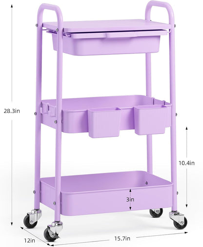 3 Tier Metal Rolling Cart with Drawer, Purple Utility Storage Cart