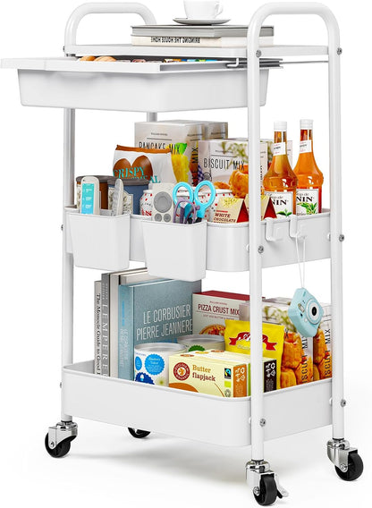 3 Tier Metal Rolling Cart with Drawer, Purple Utility Storage Cart