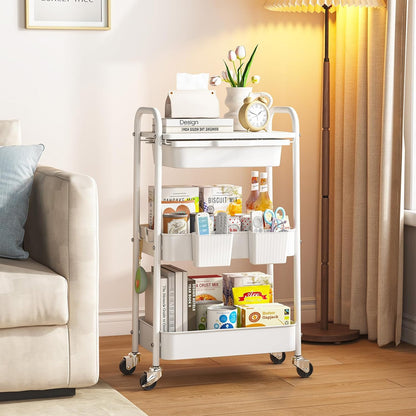 3 Tier Metal Rolling Cart with Drawer, Purple Utility Storage Cart