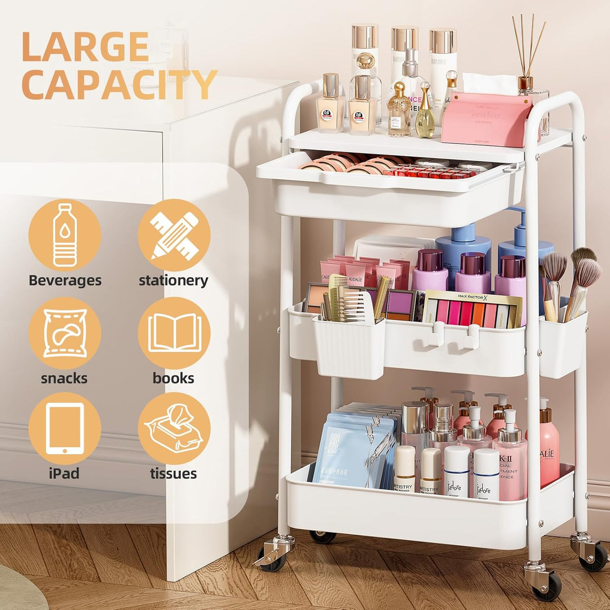 3 Tier Metal Rolling Cart with Drawer, Purple Utility Storage Cart